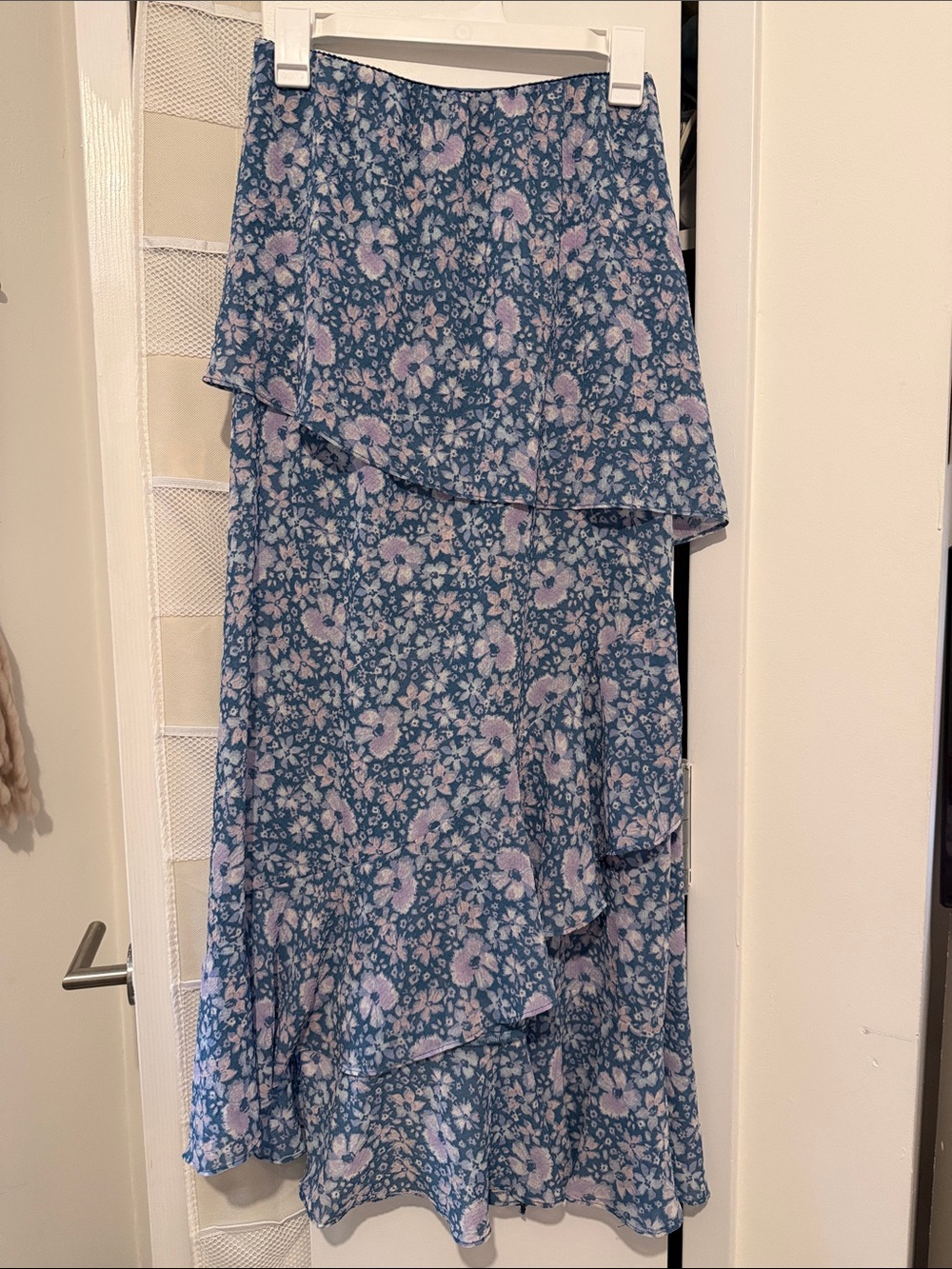Blue Floral High-Low Maxi Skirt with Ruffle Tiers